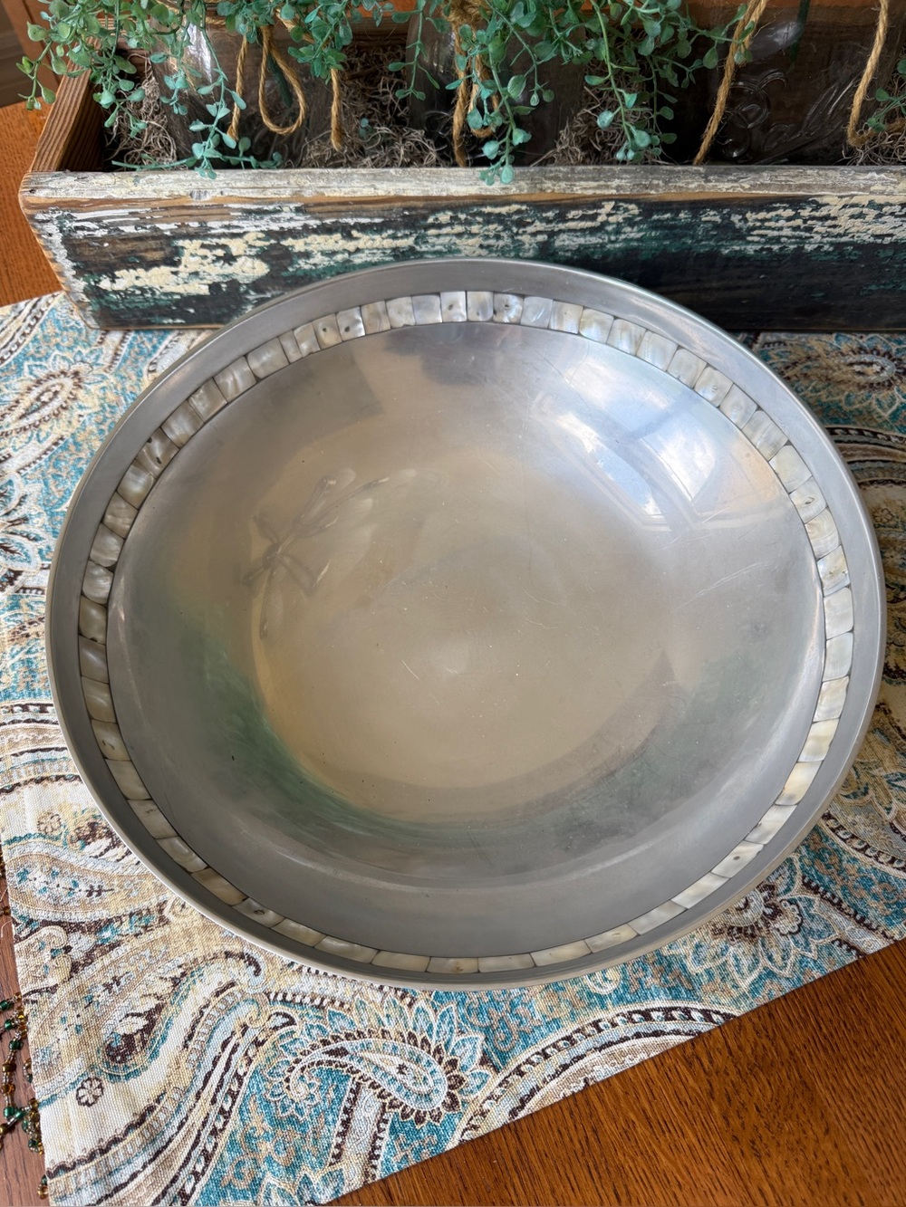 Towle Serving Bowl Pewter Decorative Mother of Pearl Inlay 13.25” Vintage